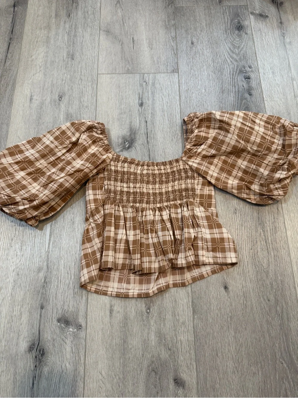 Faithfull the Brand Tan & Cream Plaid Square-Neck Peplum Blouse
